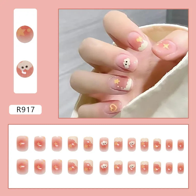 Bean Paste Cat Eyes Press on Nails Pink Gradient Fake Nails Glossy Artificial Finger Manicure Reusable False Nails for Women
