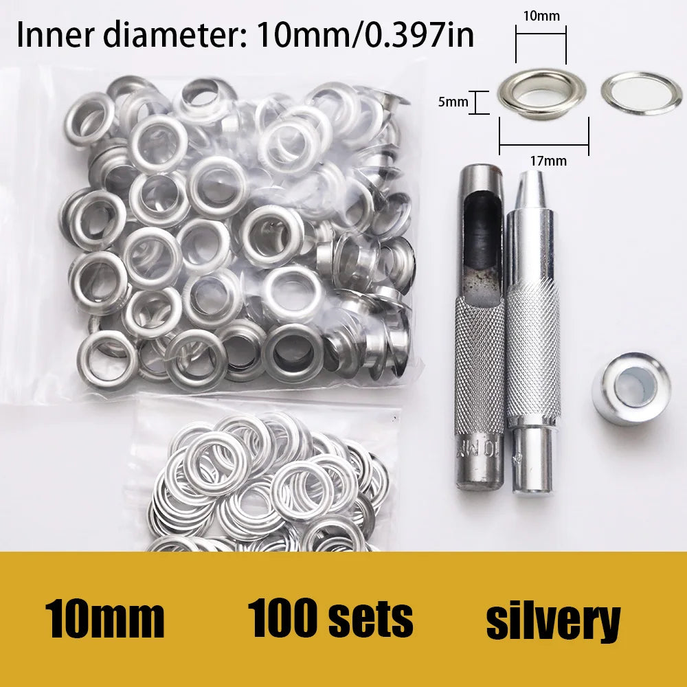 100 sets of stainless steel  eyelets with a tool ,for canvas holes, clothes, handbag, 5mm/6mm inner diameters