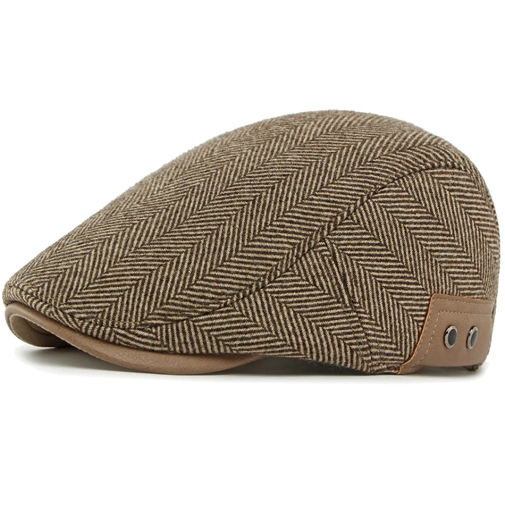 HT5025 Beret Cap Striped Beret Hats with Ear Flaps Male Female Adjustable Ivy Flat Cap Fleece Lined Winter Hat Women Mens Berets