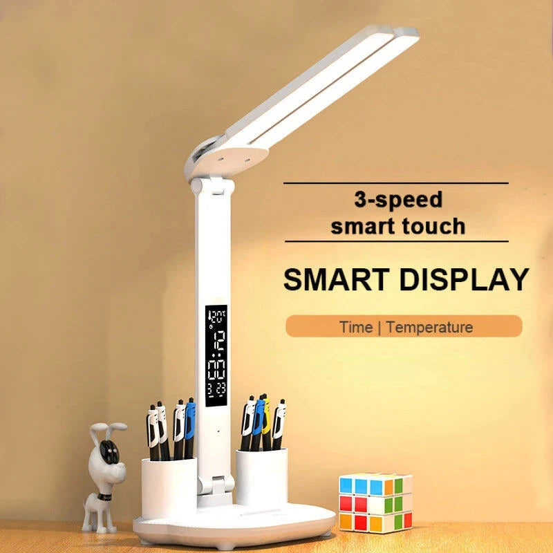 Multifunctional Eye Protection Rechargeable LED Clock Dimmable Desk Lamp 180° Rotating Foldable Desktop Reading Night Light USB