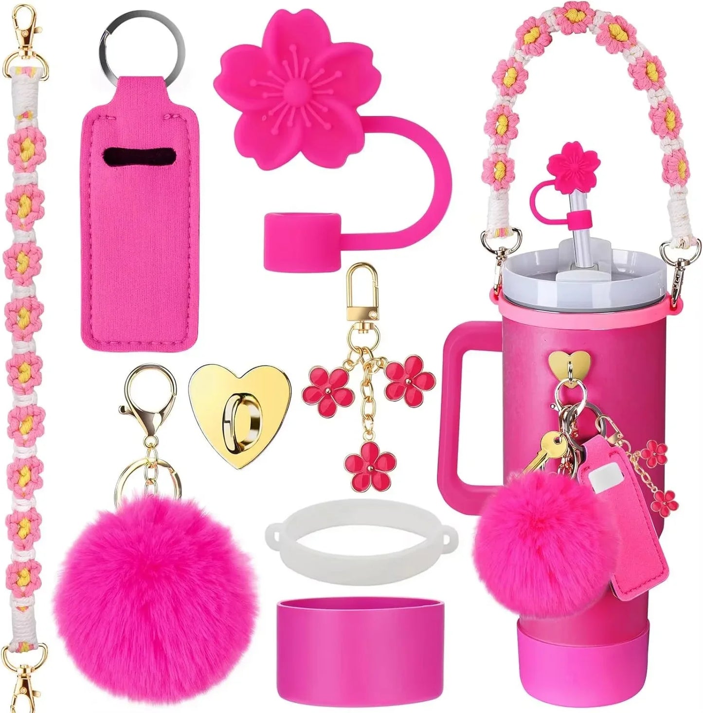 7/8pcs Cup Accessories Set for Stanley Cup Including Handle Strap Siliocne Cup Boot Straw Cover Charms for 40oz 30oz Tumbler