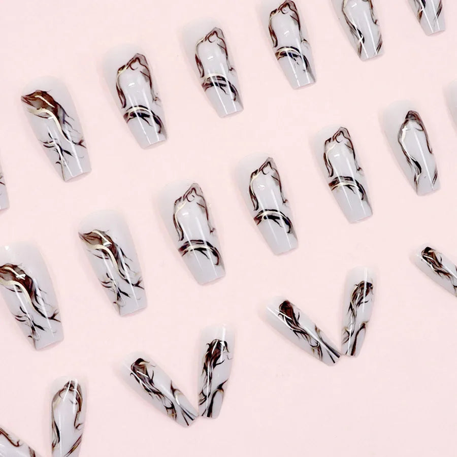 Black Ink Style Fake Nail with Jelly sticker Press on False Nails Wearable Round Head Oval Full Cover Nail Tips