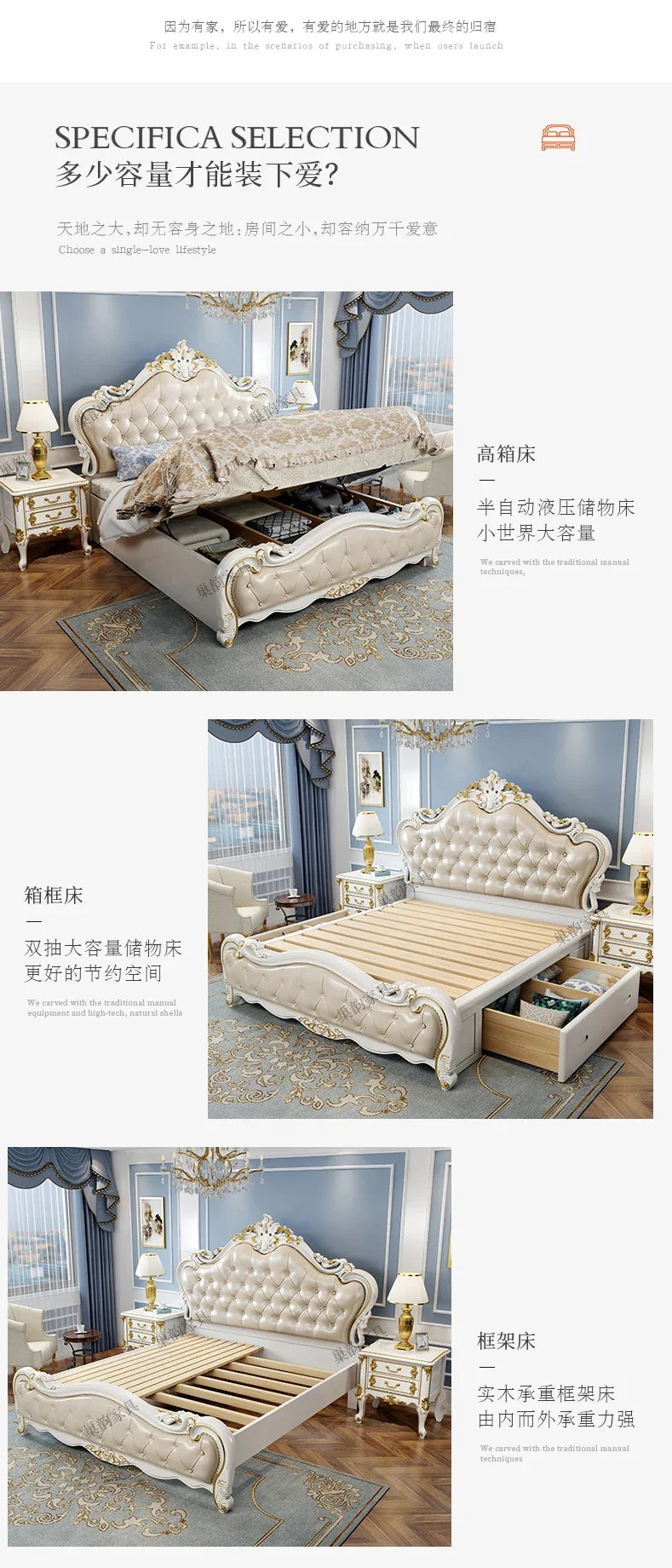 European Luxury Modern Double Bed Frame Mattress Storage Solid Wood Princess Bed Queen Size Cama Bedroom Set Furniture