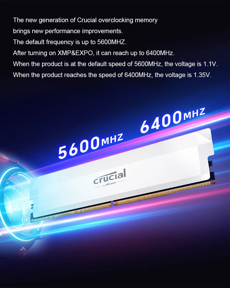 Crucial Pro DDR5 RAM 16GBx2 6400MHz 6000MHz Overclocking Desktop Gaming Memory Intel XMP 3.0 & AMD EXPO Compatible for PC Gamer
