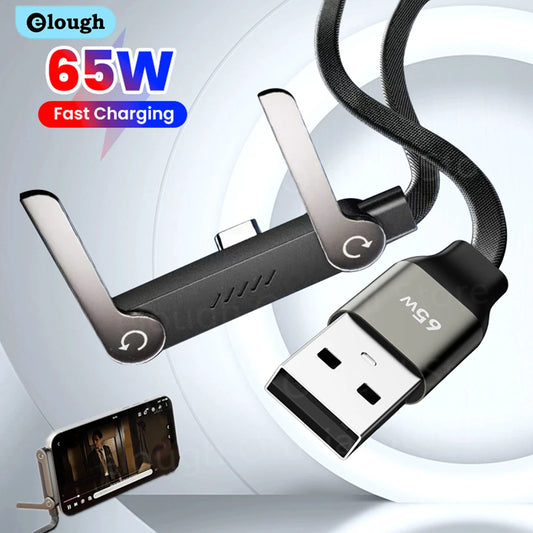 65W 2 in 1 USB A To USB C Fast Charging Foldable Phone Holder Data Cable USB Type C Builtin Desk Bracket Wire For Huawei Samsung