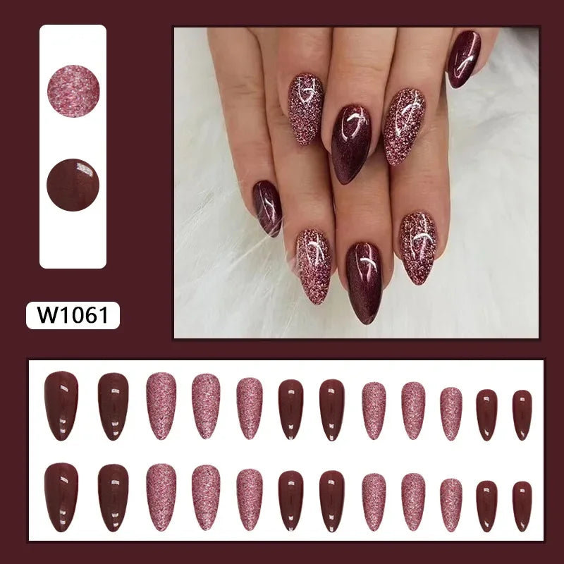 Gold Pink Wine Red 24 Pcs Fake Nail with Jelly sticker Press on False Nails Wearable Round Head Oval Full Cover Nail Tips