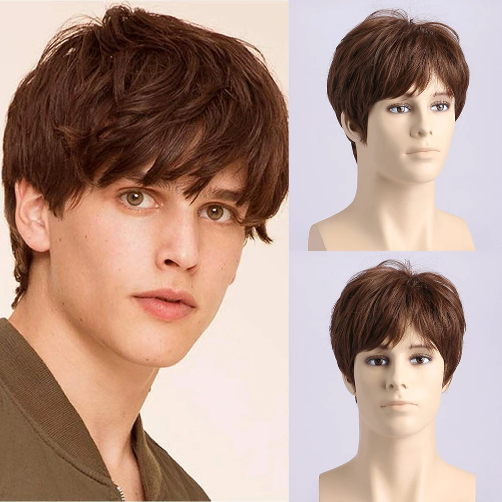 Short  Natural Curly Hair For Male Young Men Heat Resistant Fiber Synthetic Wigs