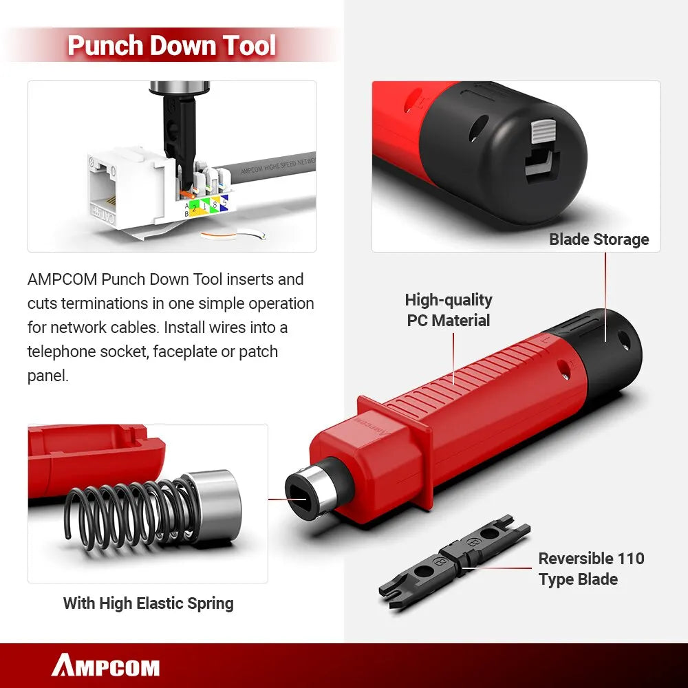 AMPCOM RJ45 Crimper Lan Tester Tool Set Ethernet Cable Stripper Punch Down Tool RJ 45 RJ11 Connectors 12 in 1 Cabling Repair Set