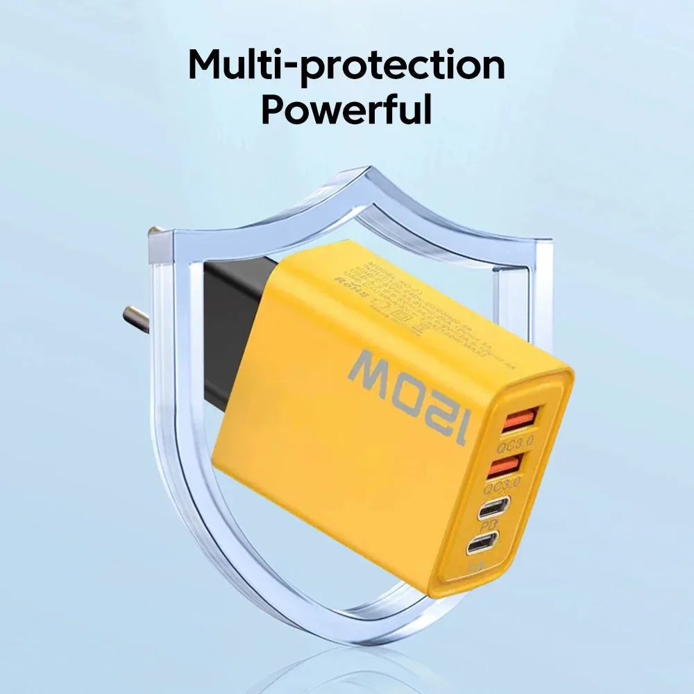 120W USB Fast Charger 4Port PD Quick Charging USB 3.0 Type C EU US Plug Charger For Xiaomi iPhone 16 15 Pro Max Wall Adapter