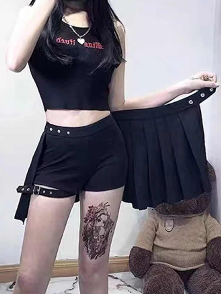 AltGoth Punk Mall Goth Shorts Skirt Women Y2k E-girl Streetwear Harajuku Leg Ring Buckle Detachable High Waist Emo Alt Clubwear