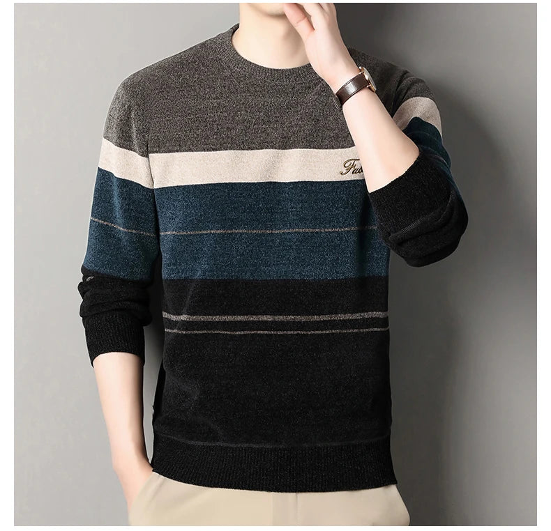 High Quality Men's Sweaters Fashion Knitting Pullover Striped Men's Autumn Winter Tops Round Neck Jerseys Fleece Bottom Shirts