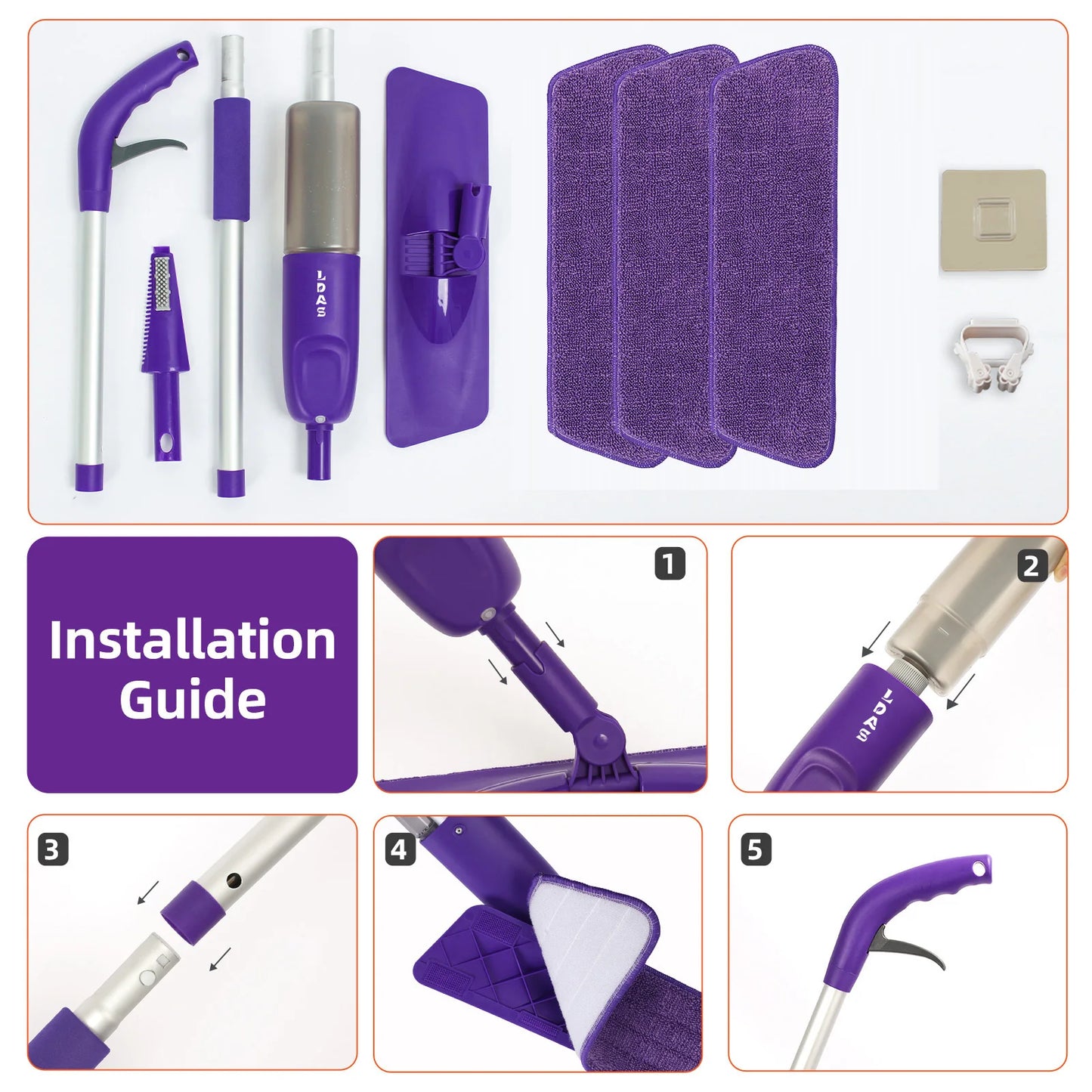 DARIS Spray Mop, 500ml Bottle, 3 Microfiber Mop Pads, Scraper, Mop Clip, Wet and Dry Use, Flat Floor Cleaning Mop