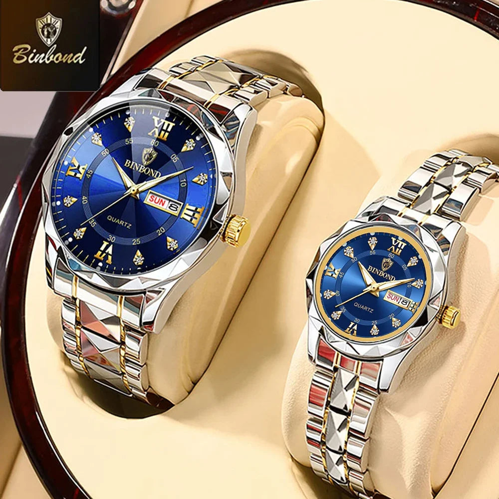 BINBOND 2pcs/Set Couple Watches 30M Waterproof Fashion Diamond Valentine Day Gift Stainless Steel Watch Men Women Quartz Watch