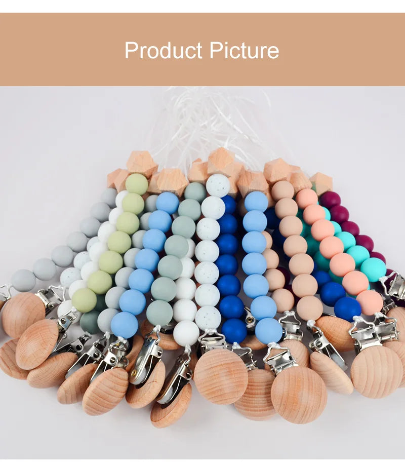 Baby Pacifier Clip Wood Color Silicone Bead Infant Teether Soother Anti-drop Chain Newborn Safe Teething Toy Dummy Nipple Holder