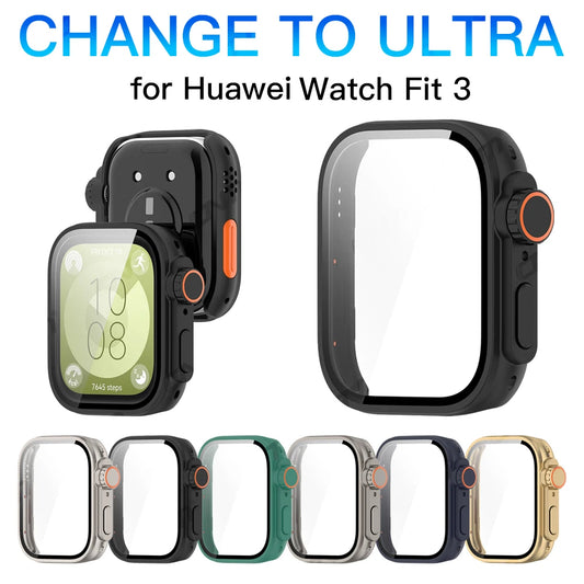 For Huawei Watch Fit 3 Hard Case Tempered Glass Screen Protector Appearance Upgrade Change To Iwatch Ultra 1/2 49MM Accessories