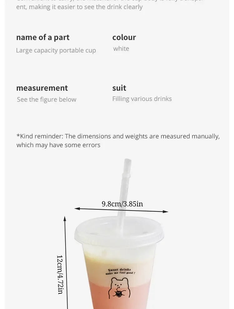 Cartoon Bear Pattern Large Capacity Plastic Straw Cup Handheld Beverage Cup Suitable For Coffee Milk Tea