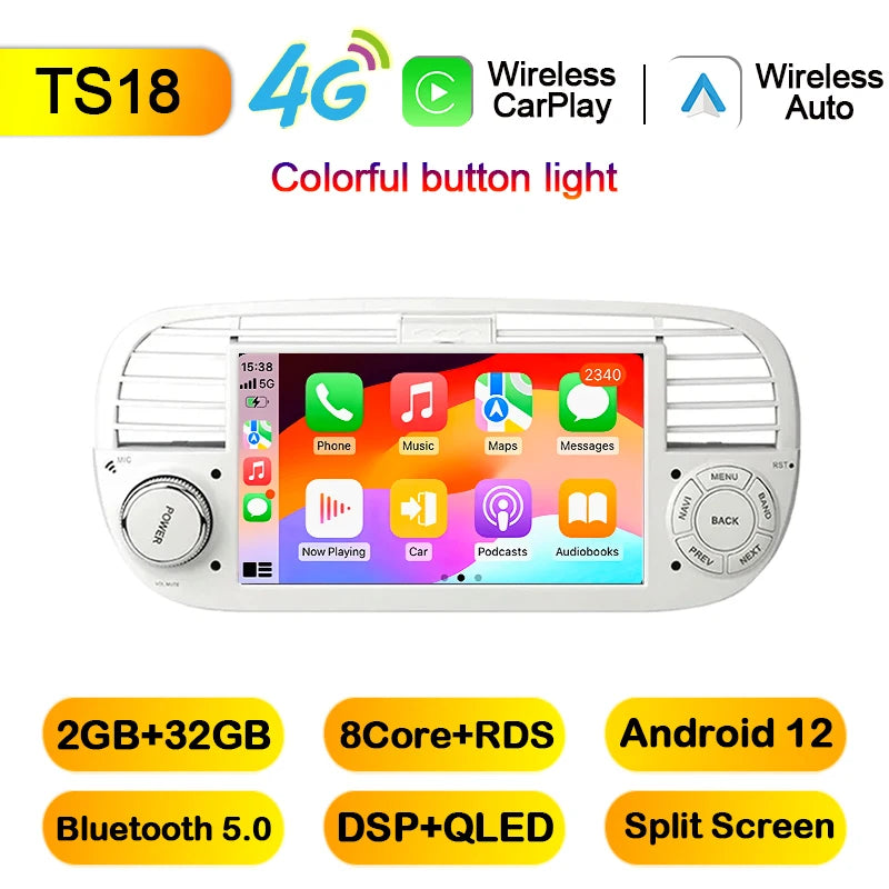 Junuse 7" Wireless Android Auto Carplay For Fiat 500 2007~2015 Android 13 Carplay GPS Navigation Multimedia Player White Black