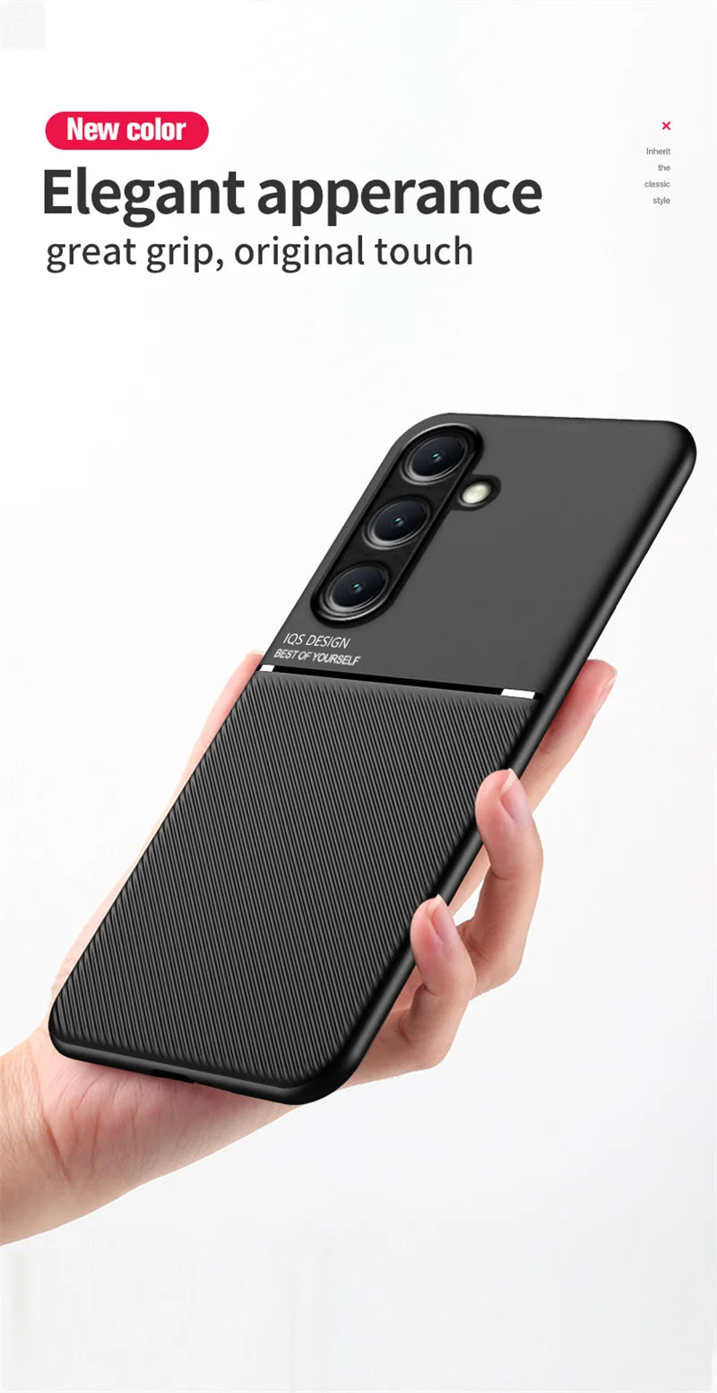 Car Magnetic Holder Leather Plate Phone Case for Samsung Galaxy S25 S22 S23 S24 Ultra Plus Edge S21 S20 FE 5G Soft Back Cover