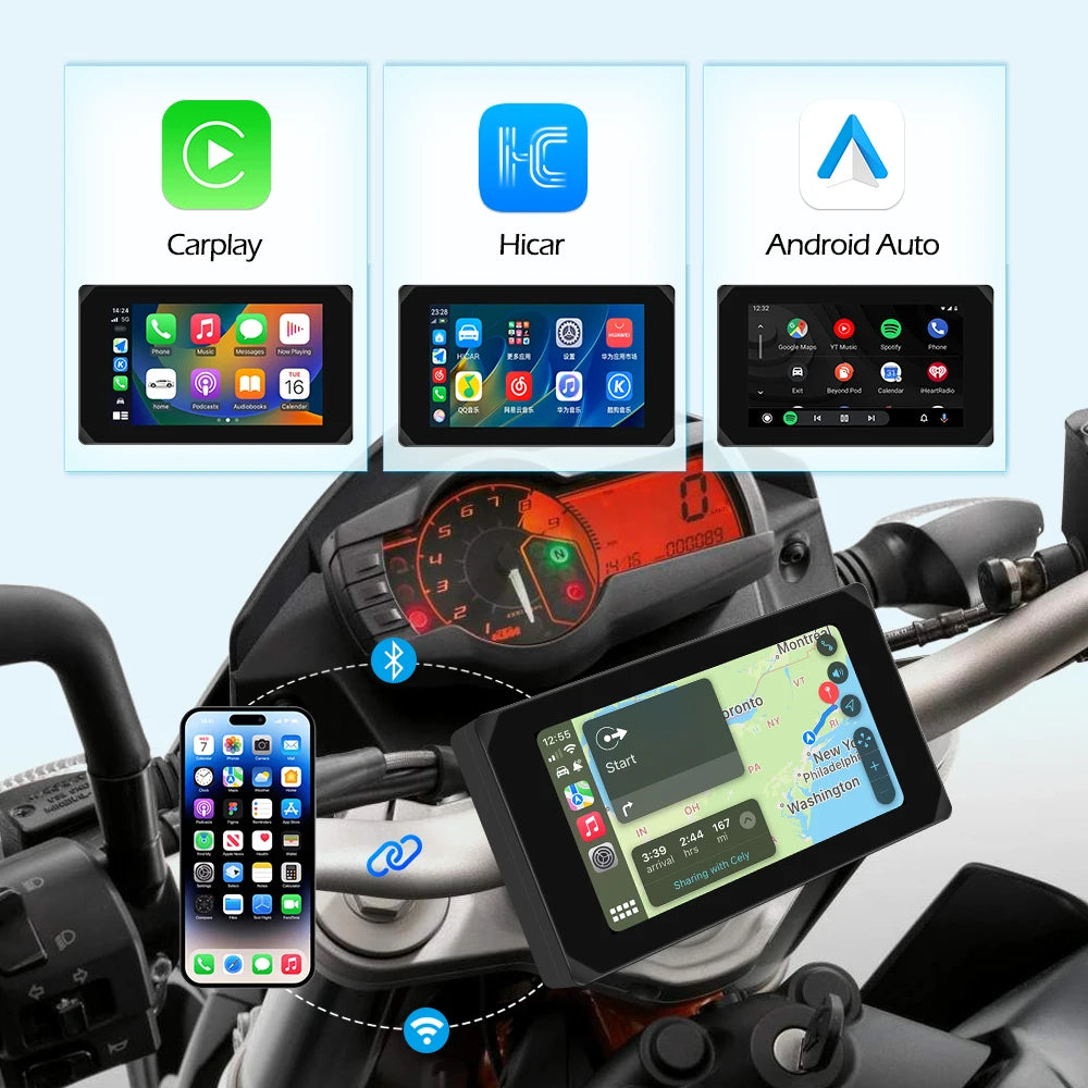 VSYS Carplay Android Auto Motorcycle Dash Cam 5.0'' Touchscreen with Dual 1080P Waterproof Cameras TPMS Parking Mode WiFi App