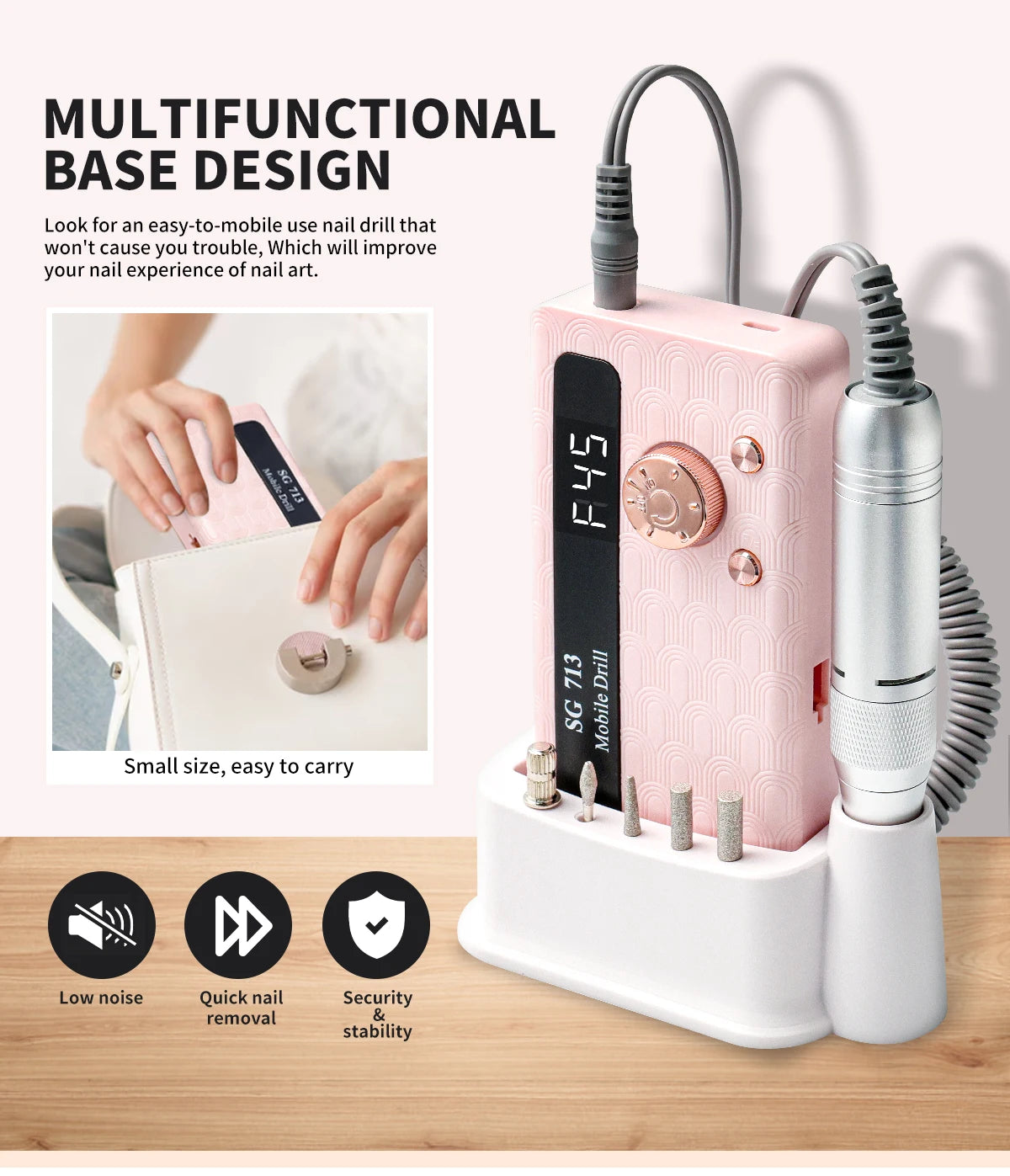 45000RPM Electric Nail Drill Rechargeable Nail Polisher with Nail Drill Kit for Gel Nail Polishing Nail Salon Tool