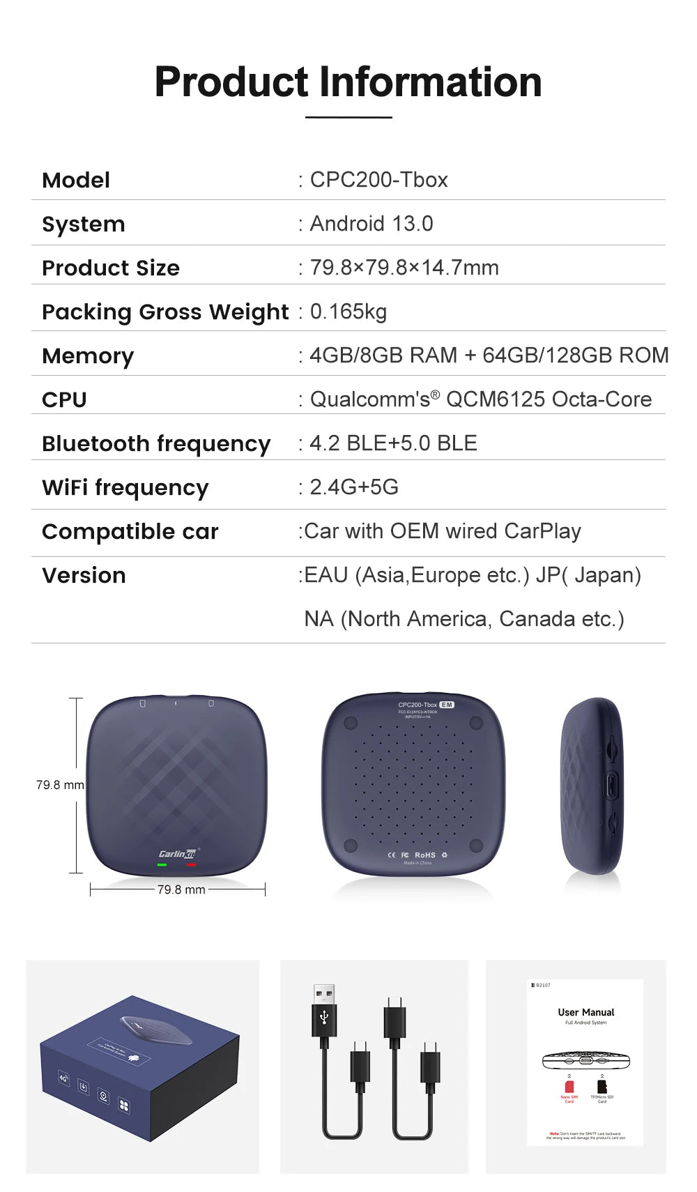 CarlinKit Wireless CarPlay Ai Box Android 13 Plus QCM6125 665 4GLTE for TV or Video Android Auto Car Play Streaming Box 8G+128G