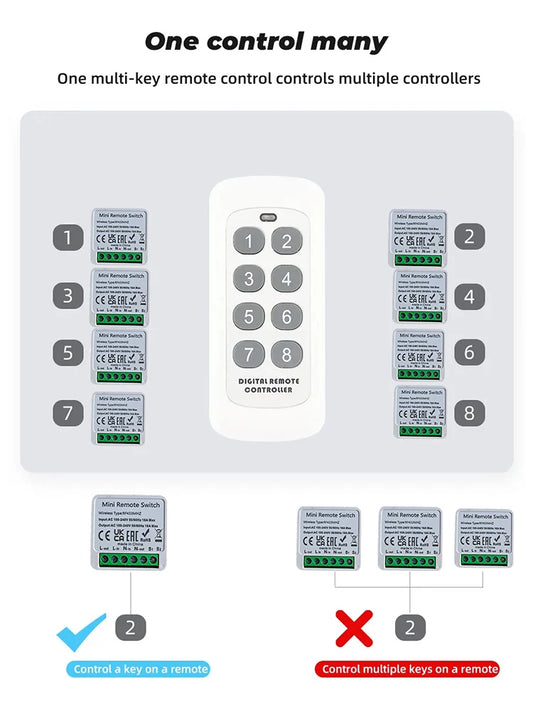 Smart Wireless Switch 433Mhz 16A 4Key RF Switch Module Remote Control AC 100V-240V Mini Relay Receiver Light Fan Garage Door