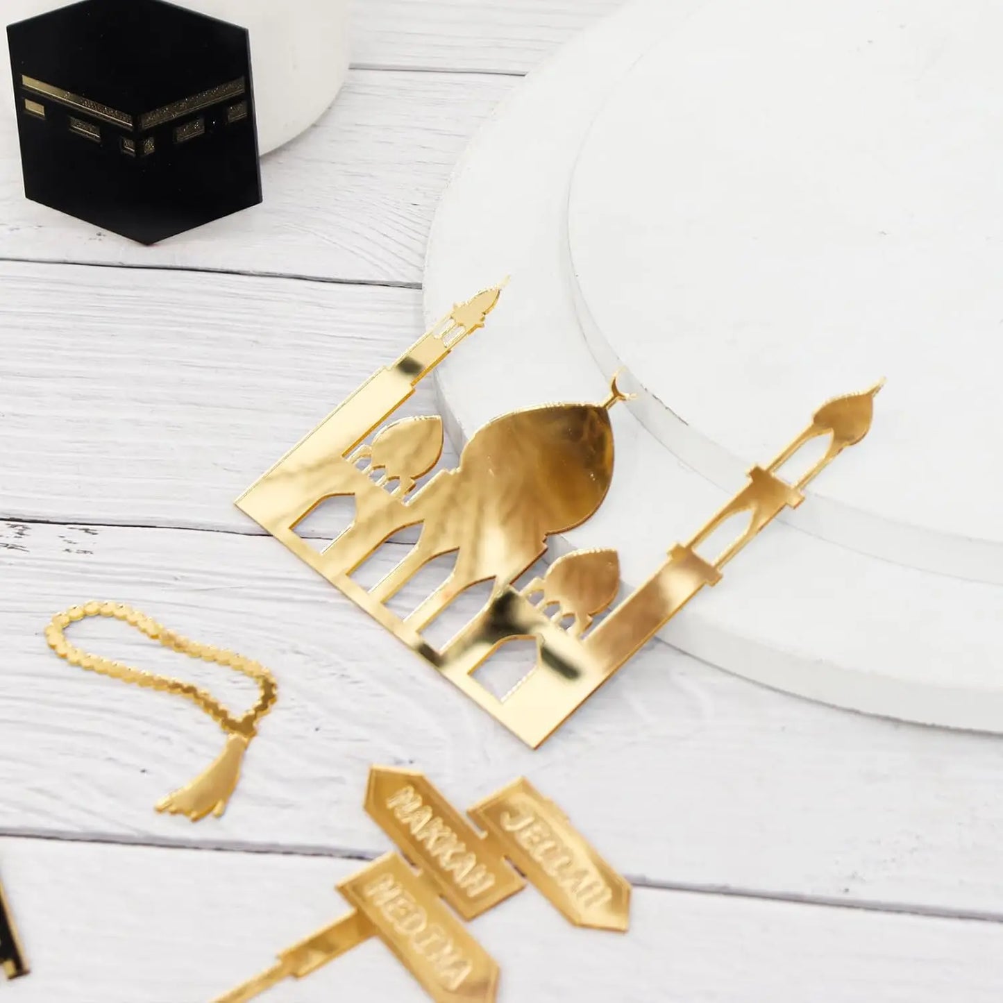 Paxrmuky Golden Muslim Umrah Mubarak Topper Hajj Mubarak Cake Topper and Charm Set of 4