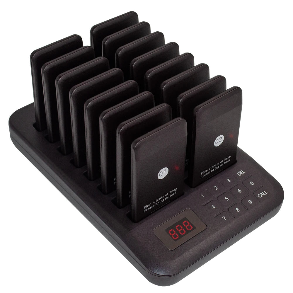 Wireless Calling System Buzzer Restaurant 16 Pager Receiver Vibration 4 Modes With 1 Keypad Transmitter Guest Paging Coaster