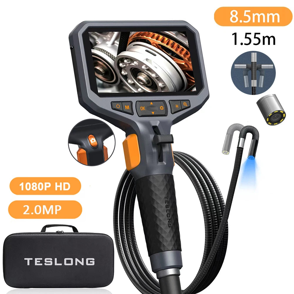 TESLONG TD450S 5.5MM Articulating Borescope 1080P 5 Inch IPS Two Way 360° Steering Endoscope Camera 1m Stainless Steel Tube