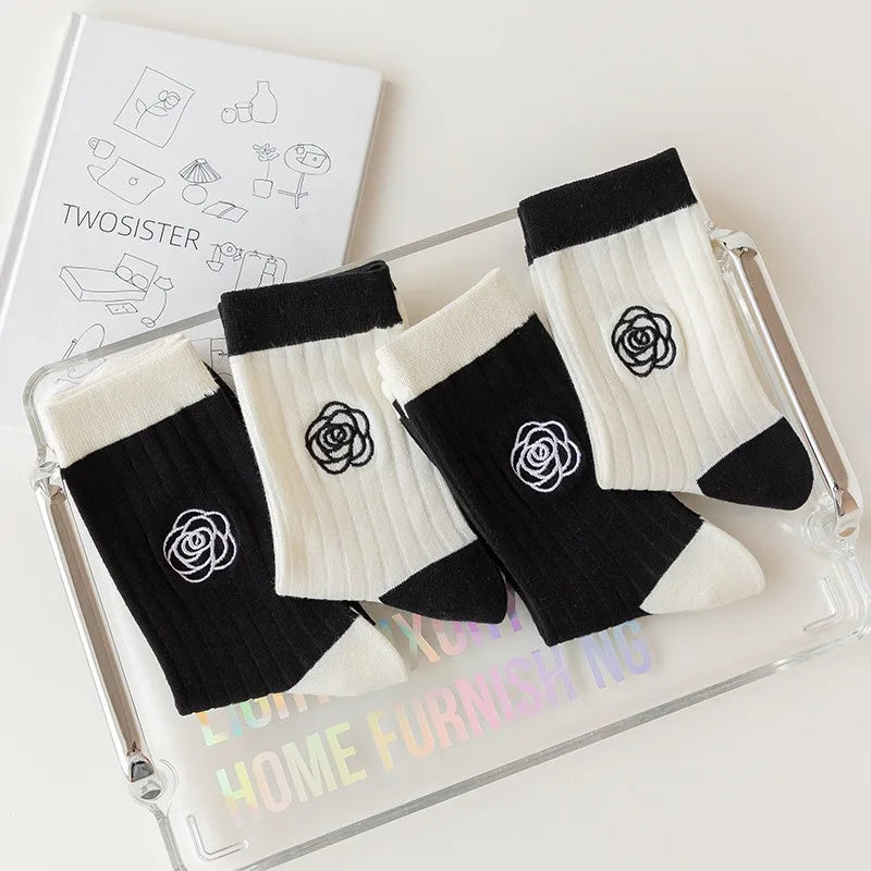 Japanese Embroidered Flowers Trendy Black Mid-tube Socks Korean Niche Retro All-match Sports Cotton Socks