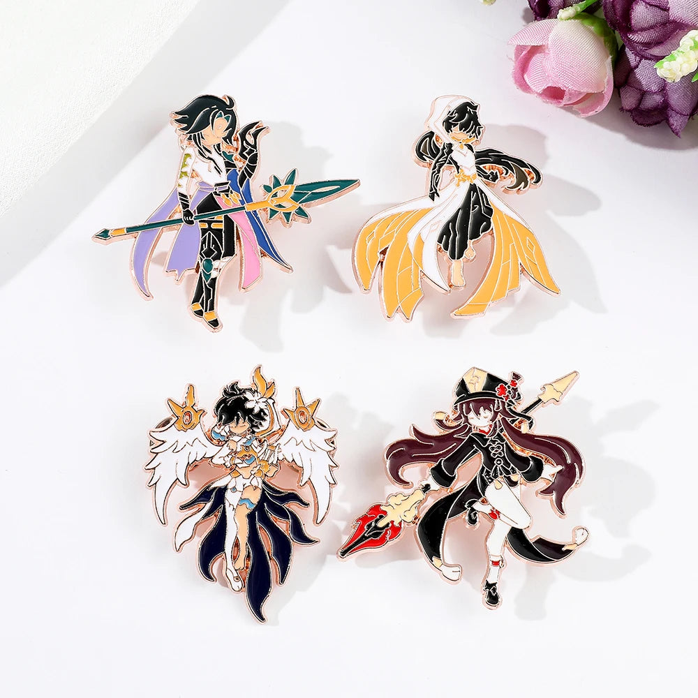 4 Pcs Genshin Impact Series Brooch Creative Walnut Mandrilla Enamel Pin Metal Paint Badge Backpack Clothing Accessories Wallet