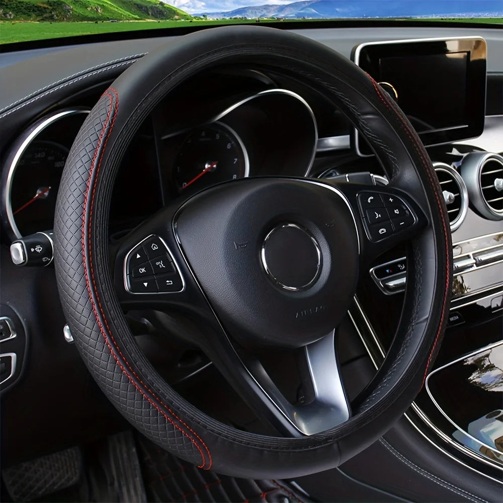 Universal Fit PU Leather Steering Wheel Cover - 3D Embossed for Enhanced Grip and Comfort, Easy Install, for 37-38cm Wheels