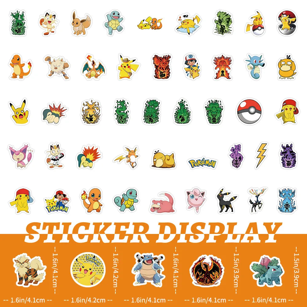 100PCS Kawaii Pikachu Anime Pokemon Stickers for Laptop Suitcase Skateboard Guitar Phone Cartoon Sticker Kid Gift Toys