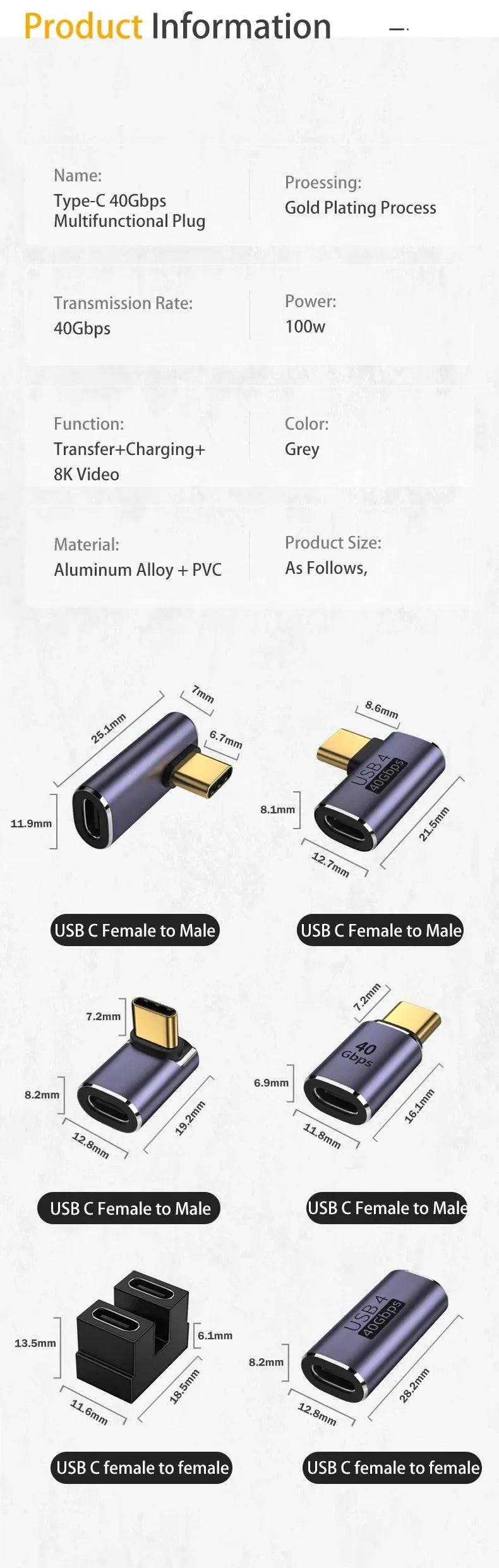 100W Metal USB C Adapter OTG 40Gbps Fast Data Transfer Type-C Charging Converter For 8K 120Hz Vedio Macbook Pro Laptop Phone