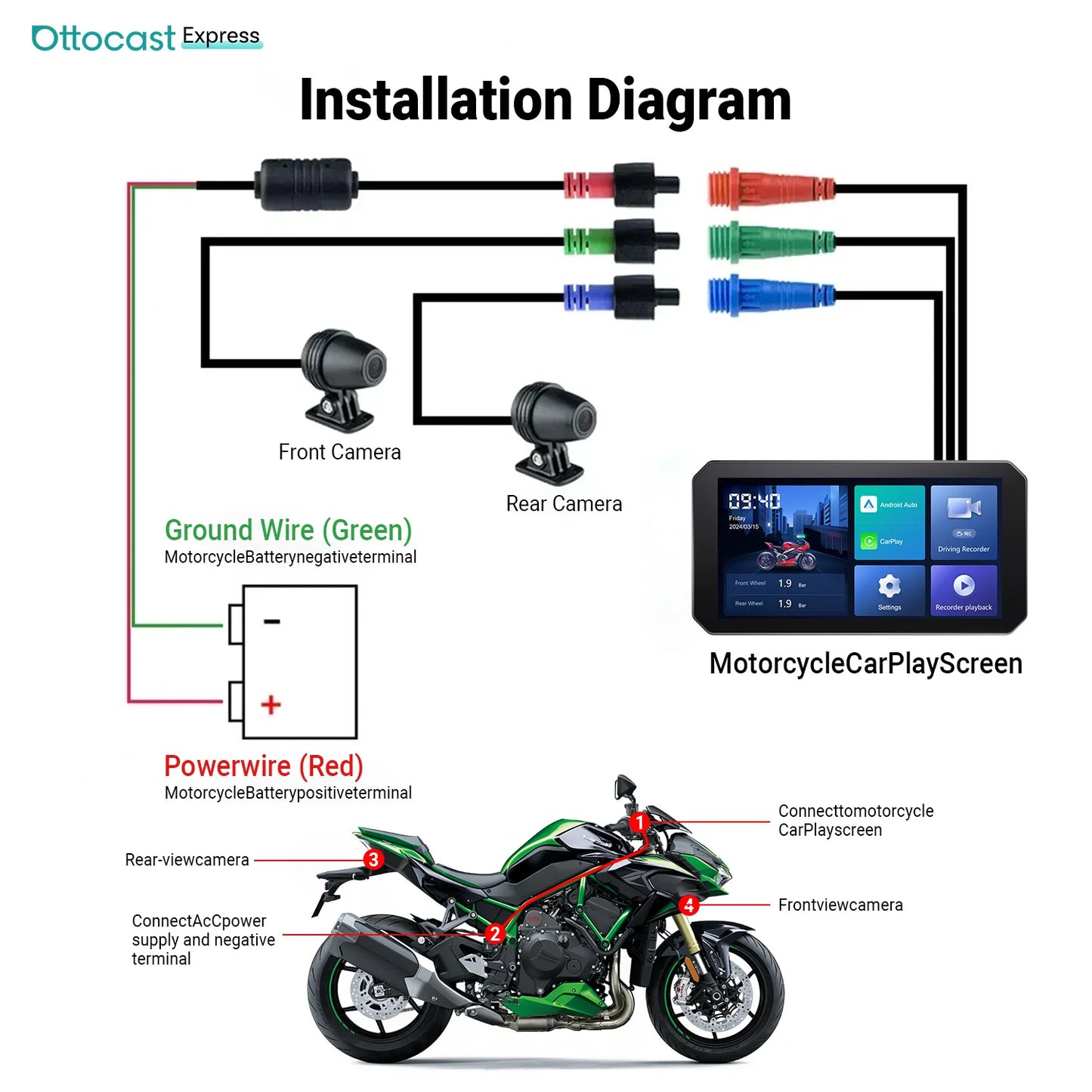 Ottocast 6.0 inch IP67 Waterproof Motorcycle GPS Navigation Wireless Carplay Android Auto DVR Drive Recorder Moto Monitor Wifi
