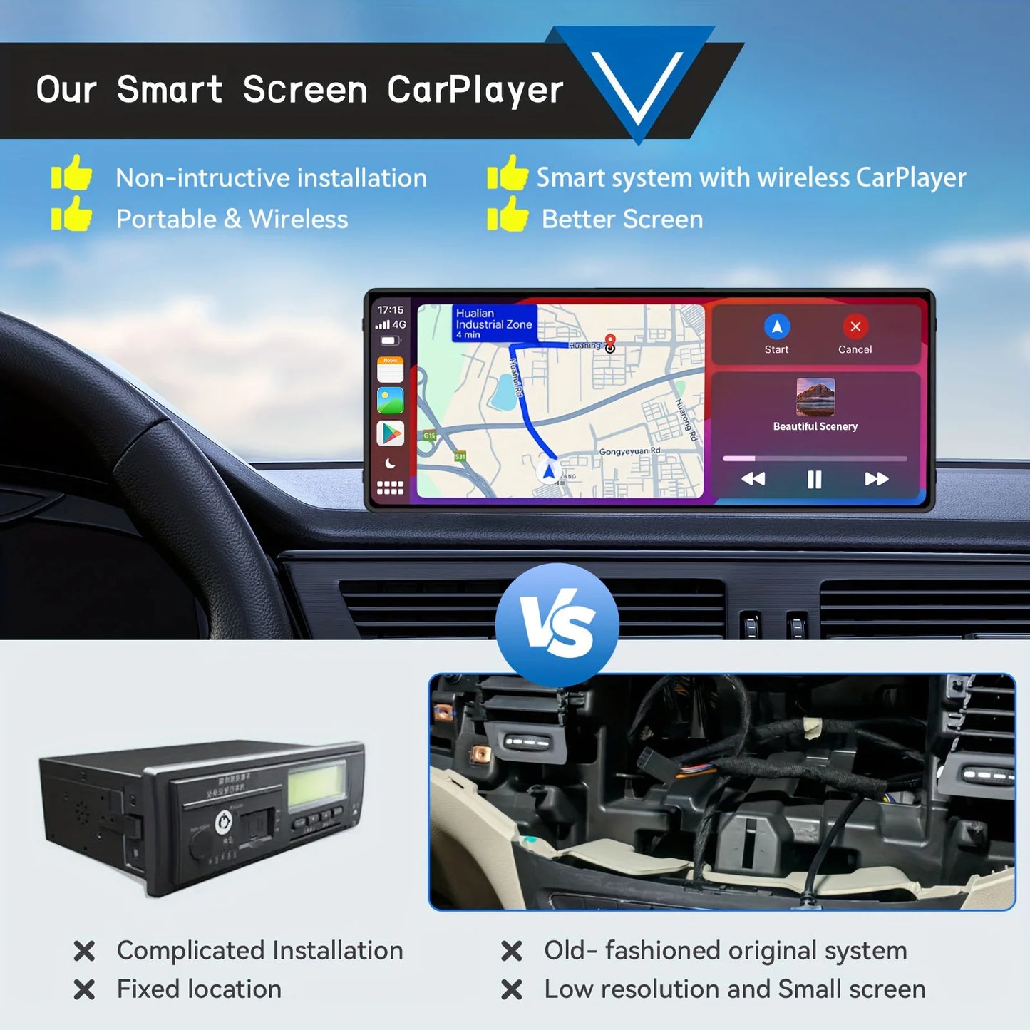 Universal Portable Wireless Carplay Car Stereo, 10.26" inch HD Touchscreen for Car with CarPlay & Android Auto with Mirror Link