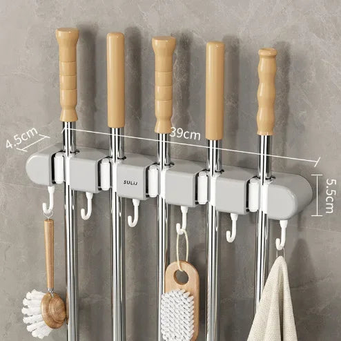 Broom Mop Holder with Hooks Wall Mounted Broom Storage Rack No Drilling Self-Adhesive Kitchens Organizer Multifunction Holder