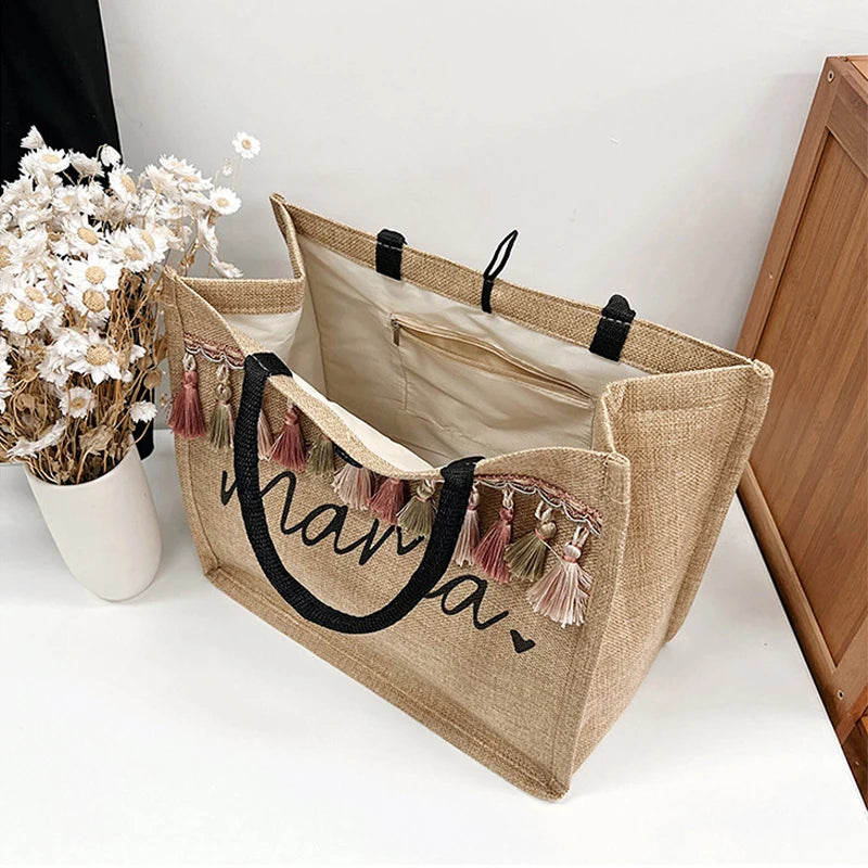 Women Large Capacity Tote Bag Mama Letter Printing Casual Fashion Linen Handbag Shopping Shoulder Bag Mother’s Day Gifts for Mom