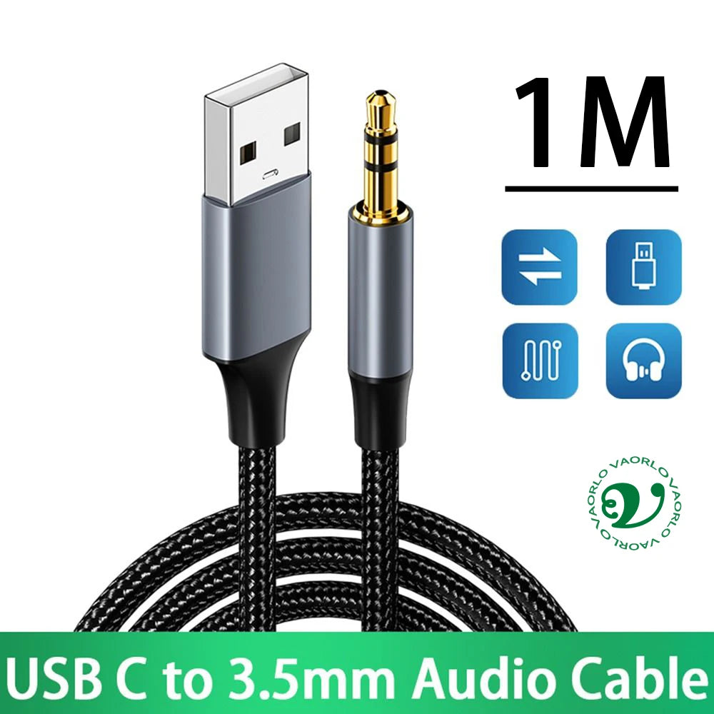VAORLO USB to 3.5mm Audio Cable Male to Male Stereo USB-A to 3.5 Jack AUX Adapter Wire Headphone Speaker for Laptop PC TV Car