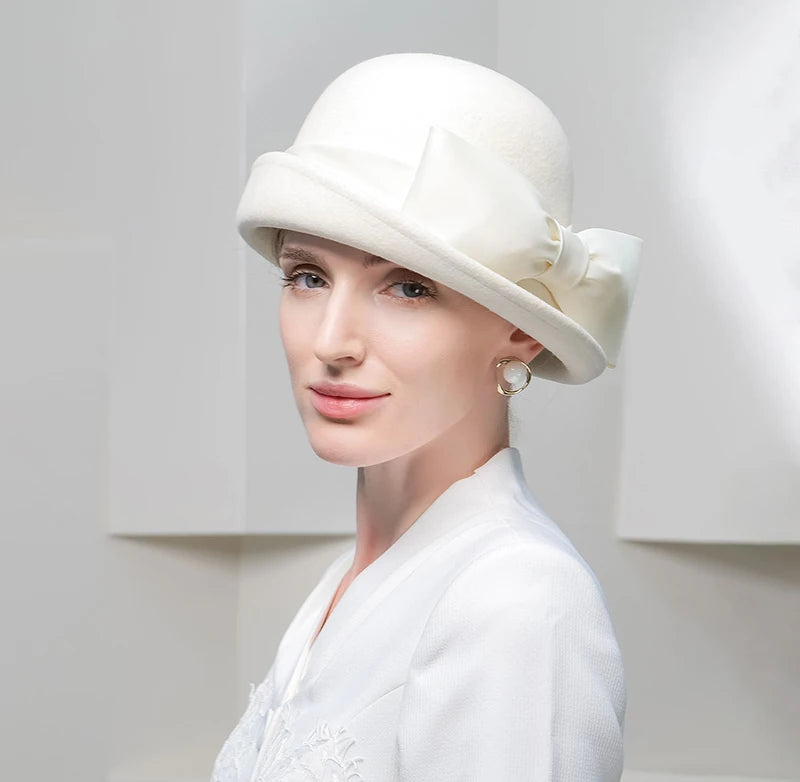 Wool Felt Fedoras Hats for Women Ladies White Black Elegant Curl Brim Top Hat for Wedding Bride Formal Church Cocktail Tea Party