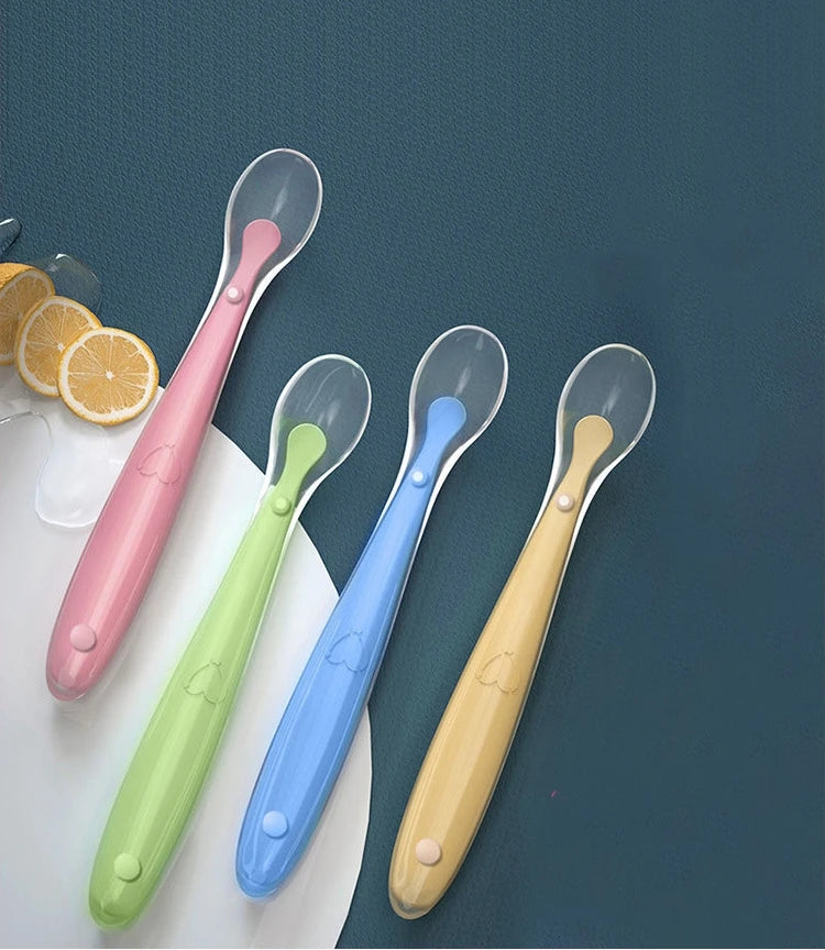 Baby Soft Silicone Spoon with Storage Box Candy Color Temperature Sensing Spoon Children Food Feeding Dishes Feeder Appliance