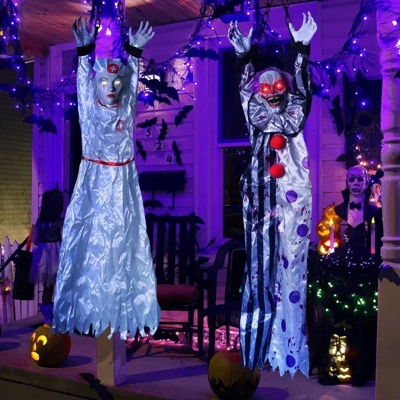 Halloween Hanging Animated Decorations Talking Shaking Scary Clown with Chain Voice Control Outdoor Yard Haunted House Prop
