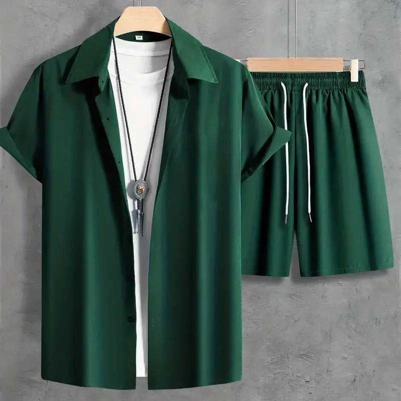 Fashion Summer Men's Short Sleeve Shorts Set Men's Solid Colour Button Down Shirt Drawstring Short Two Piece Hawaii Beach Suit