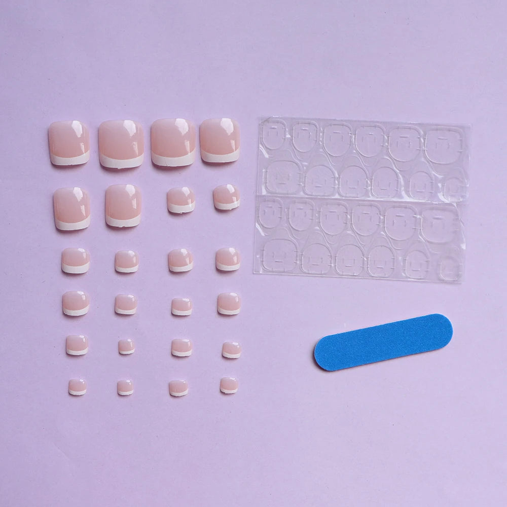 24PCS Short Square Pink Toe Nails Fake Toe Nails Press On Toe Nails French Fake Toe Nails With White Edge Nails