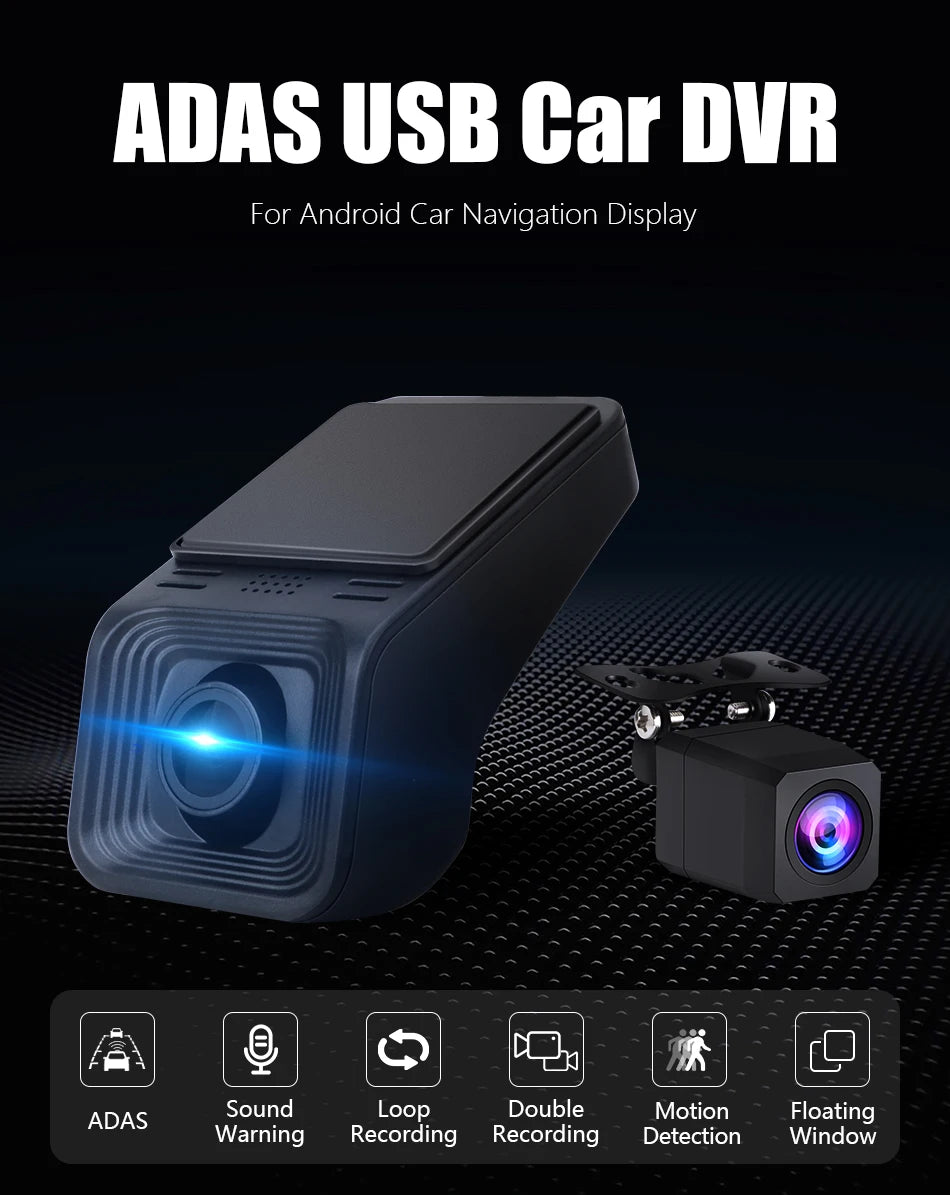 JMCQ USB ADAS Car DVR Dash For Android Auto Multimedia Player Front & Rear Dual Camera Loop Recording Motion Detection Cameras