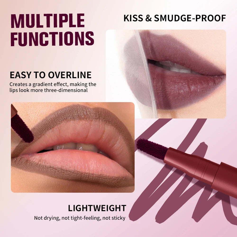 2-in-1 Lip Contour Lip Stain Pen Smudge-proof Non-stick Cup Moisturizing Lip Makeup Cosmetic Dual-Sided Tip Lip Stain & Liner