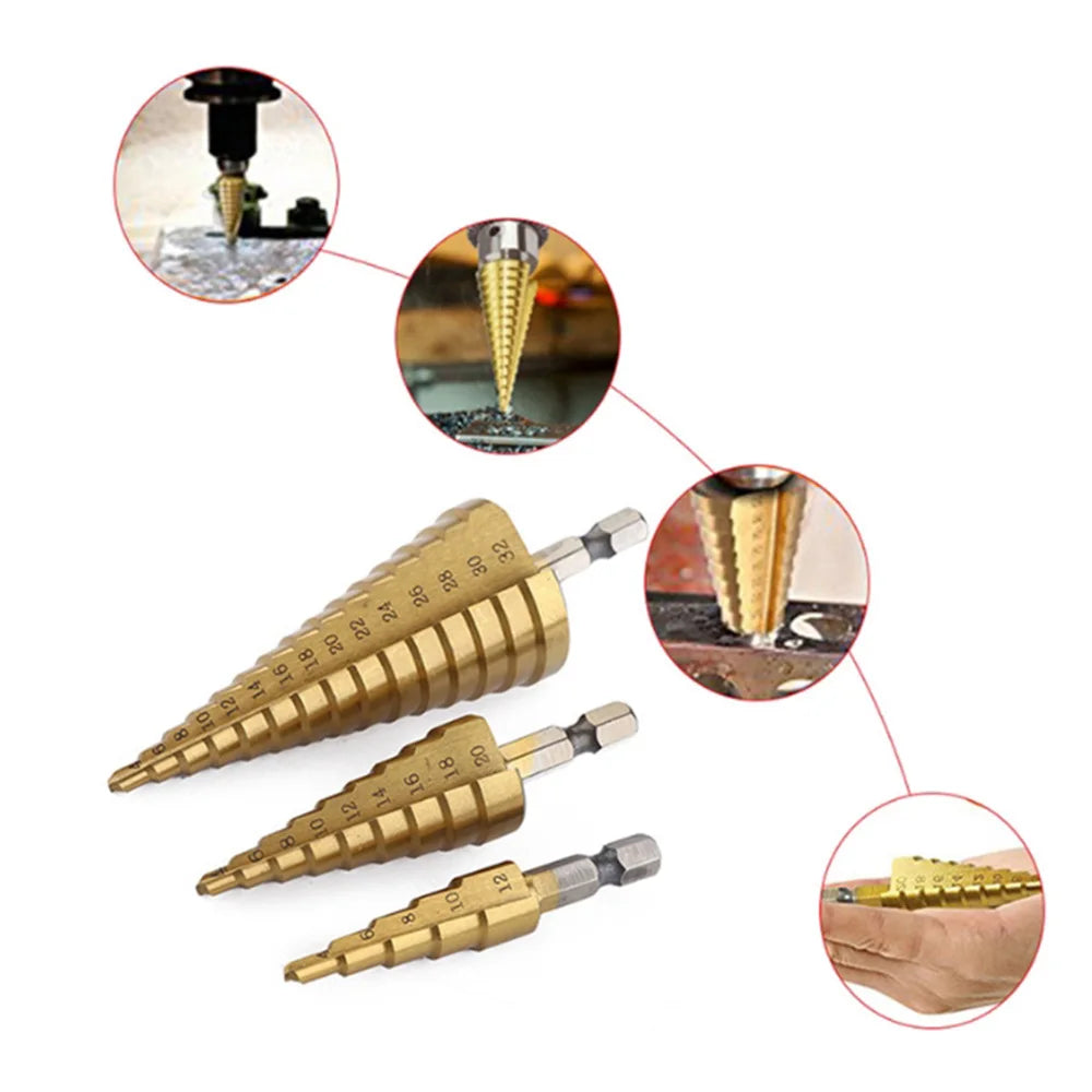 Hexagonal Handle Titanium Plated Ladder Drill Tower HSS Drill Bit 3-12/4-12/4-20/4-32mm Metal Wood Hole Cutter Cone Drilling