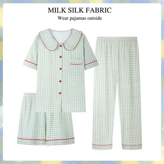 Three-Piece Set Ladies Pajamas Set Short-Sleeved Plaid Senior Sense Cardigan Home Wear Simple Christmas Girl Sleepwear Winter