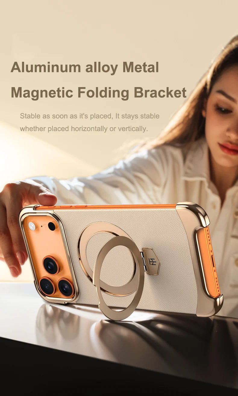 Luxury Leather Ultra Thin Frameless Magnetic Case For iPhone 17 16 15 14 13 Pro Max 17Air 17Pro Metal Bracket Anti-Drop Bumper