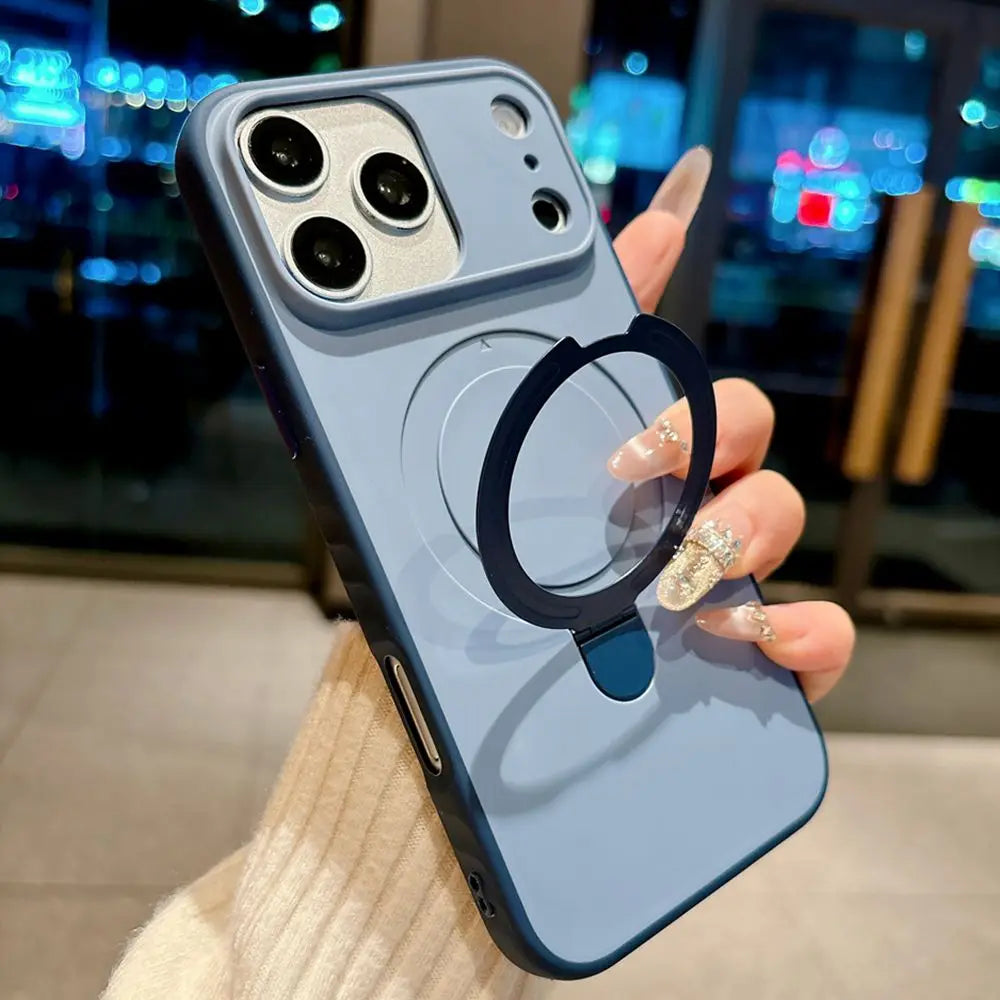 Luxury Skin Feel for Magsafe Phone Case For iPhone 17 16 13 15 Pro Max 14 Plus Magnetic Bracket Stand Anti-slip PC Cover